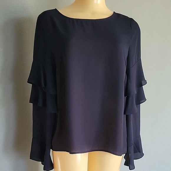 Elegant Navy Ruffle Sleeve Top - Picture 1 of 7